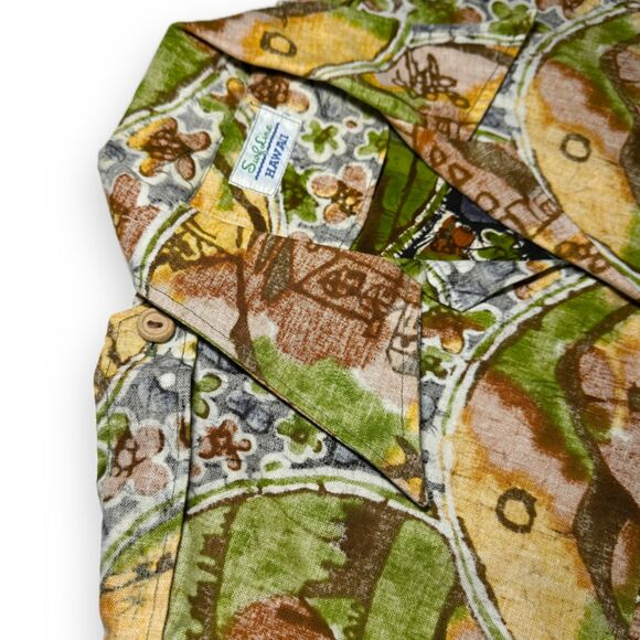 True Vintage 60s Surfline Barkcloth Hawaiian Shirt Sz M w Flap Pockets, Epaulets - Picture 9 of 14